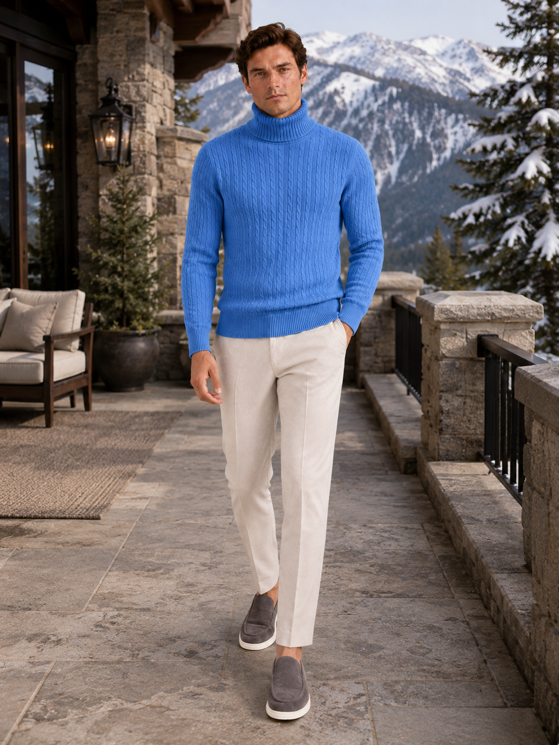 Men's cable knit turtleneck sweater – Blue full view – Edward & Lawsen