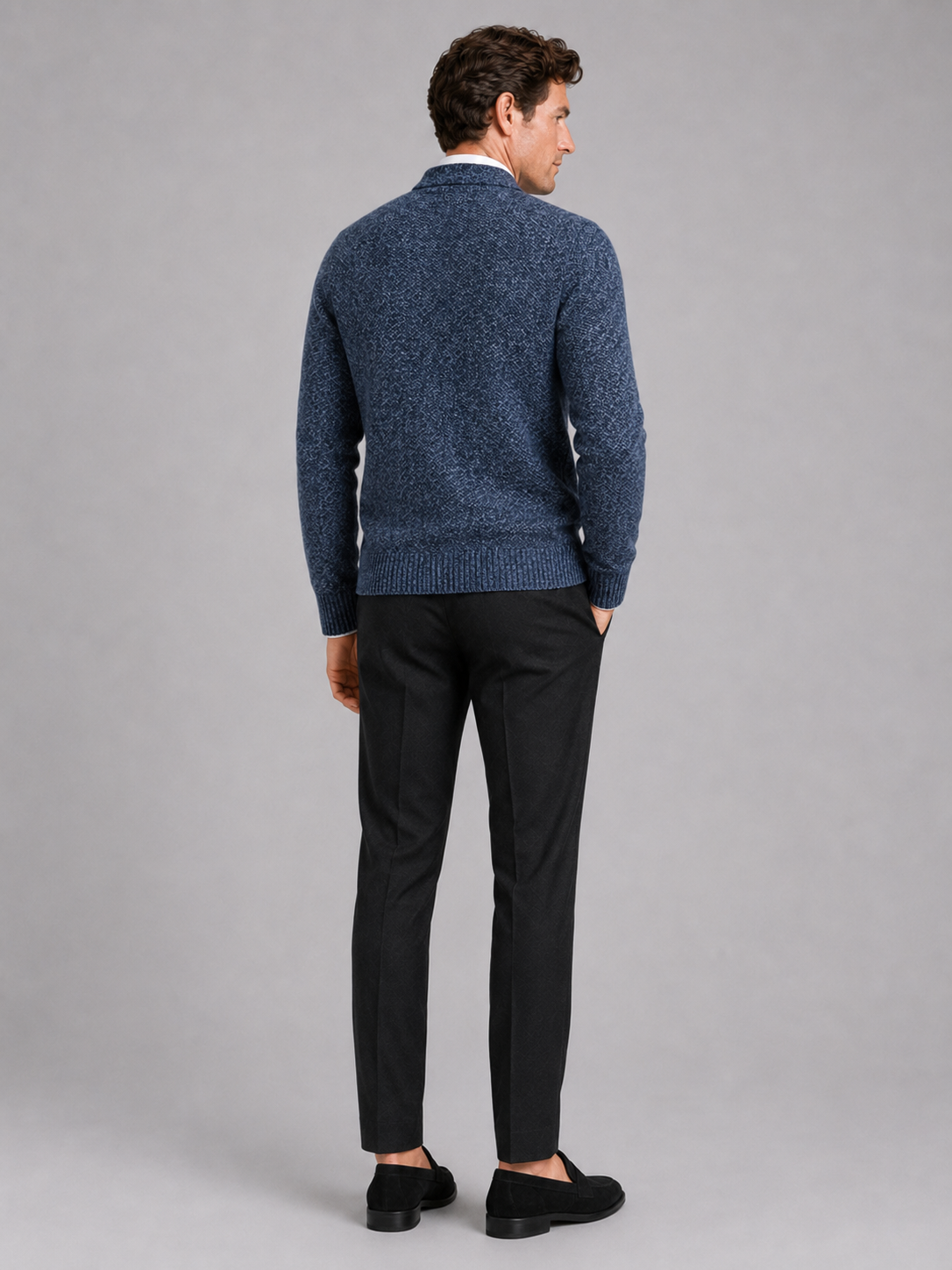 Men's V-neck cardigan – Blue back view – Edward & Lawsen