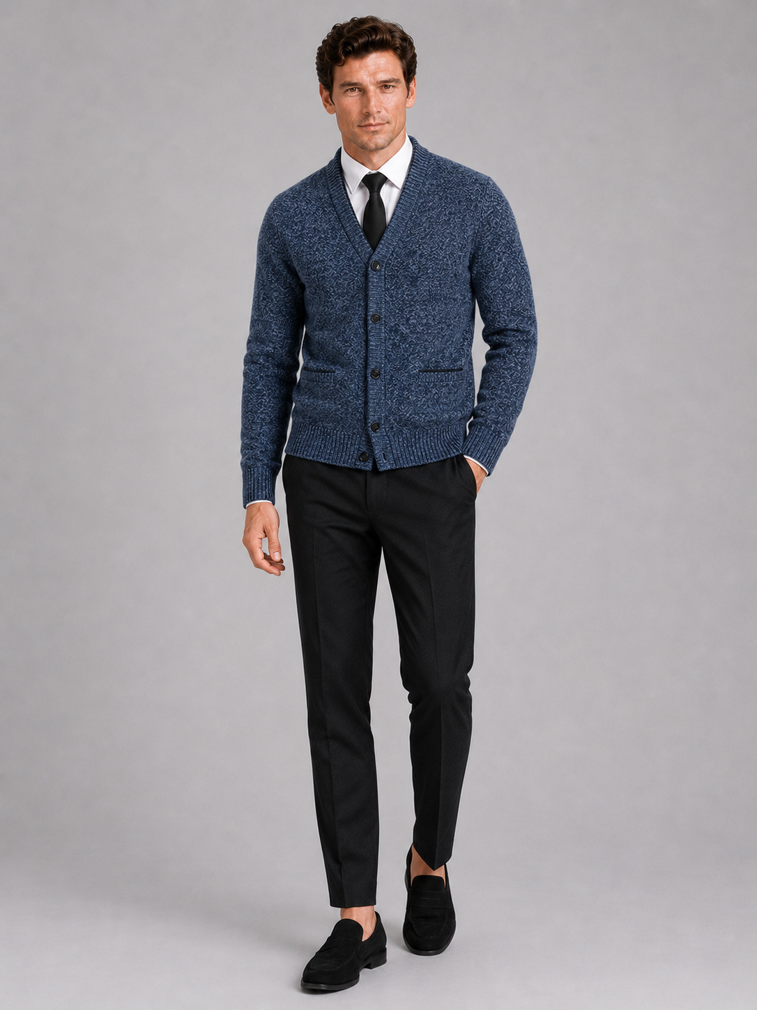 Men's V-neck cardigan – Blue full view – Edward & Lawsen