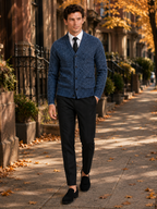 Men's V-neck cardigan – Blue lifestyle view – Edward & Lawsen