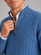 Men's cashmere quarter-zip mock neck sweater – Blue detail view – Edward & Lawsen