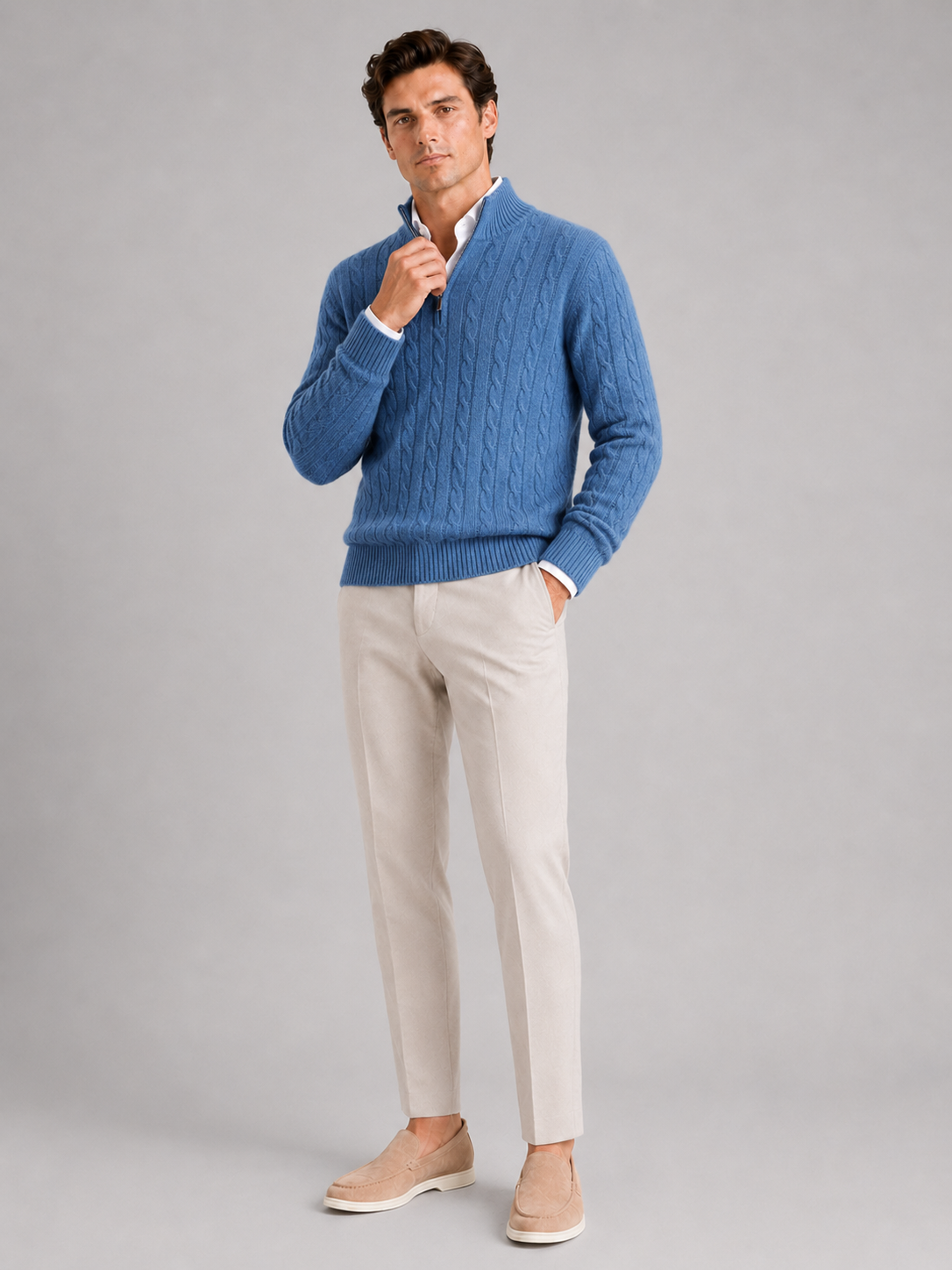 Men's cashmere quarter-zip mock neck sweater – Blue full view – Edward & Lawsen