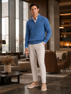Men's cashmere quarter-zip mock neck sweater – Blue lifestyle view – Edward & Lawsen