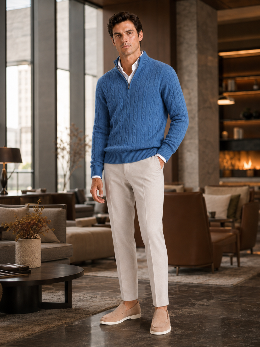 Men's cashmere quarter-zip mock neck sweater – Blue lifestyle view – Edward & Lawsen