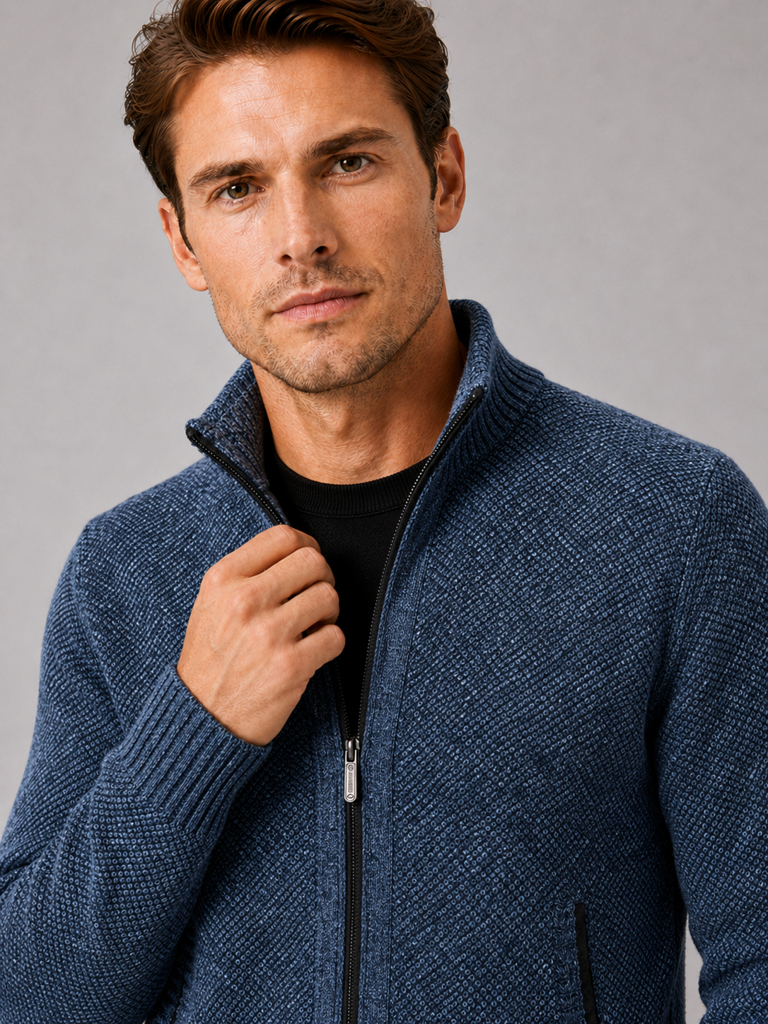 Men's fleece cardigan – Blue detail view – Edward & Lawsen
