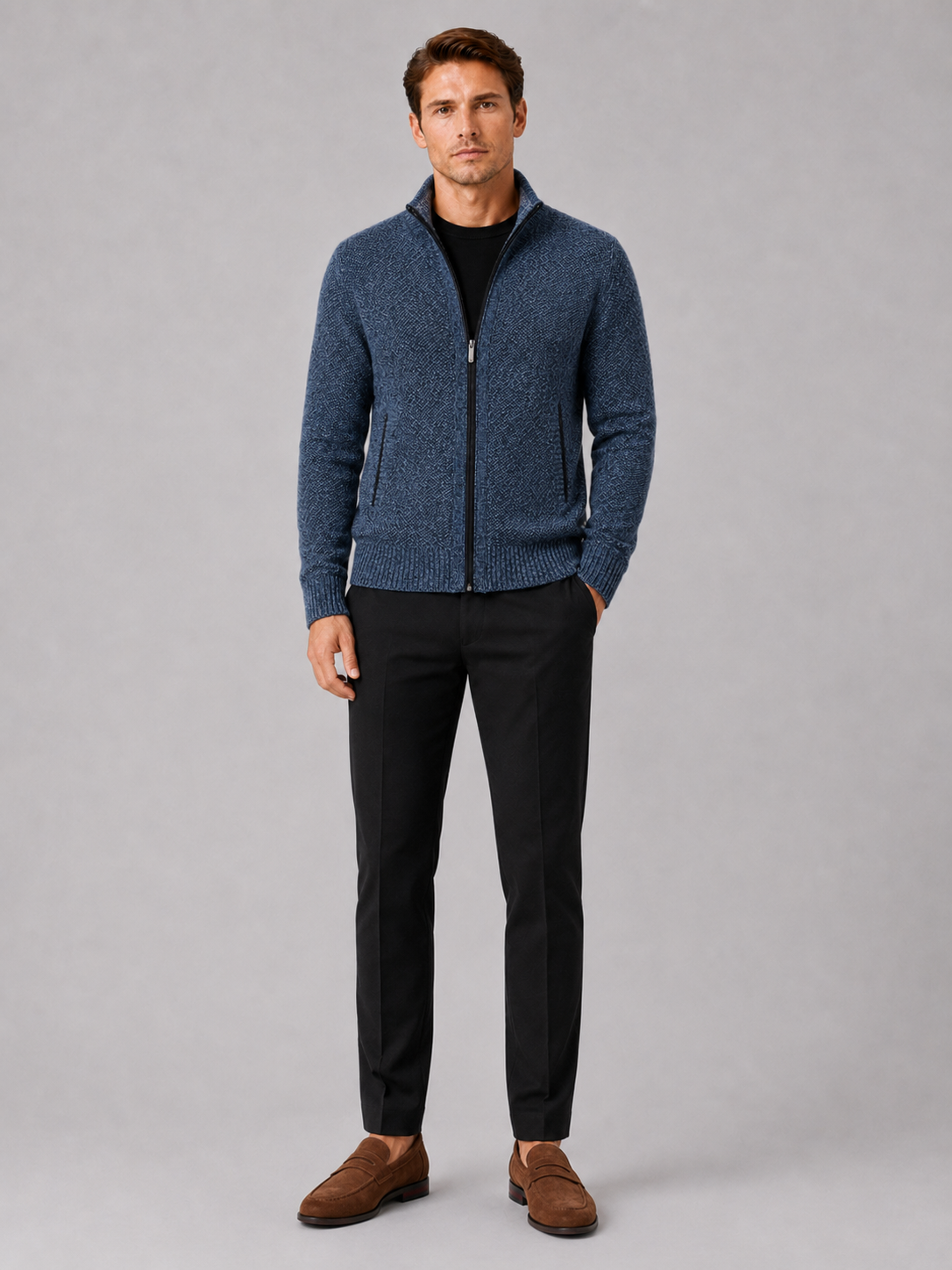 Men's fleece cardigan – Blue full view – Edward & Lawsen