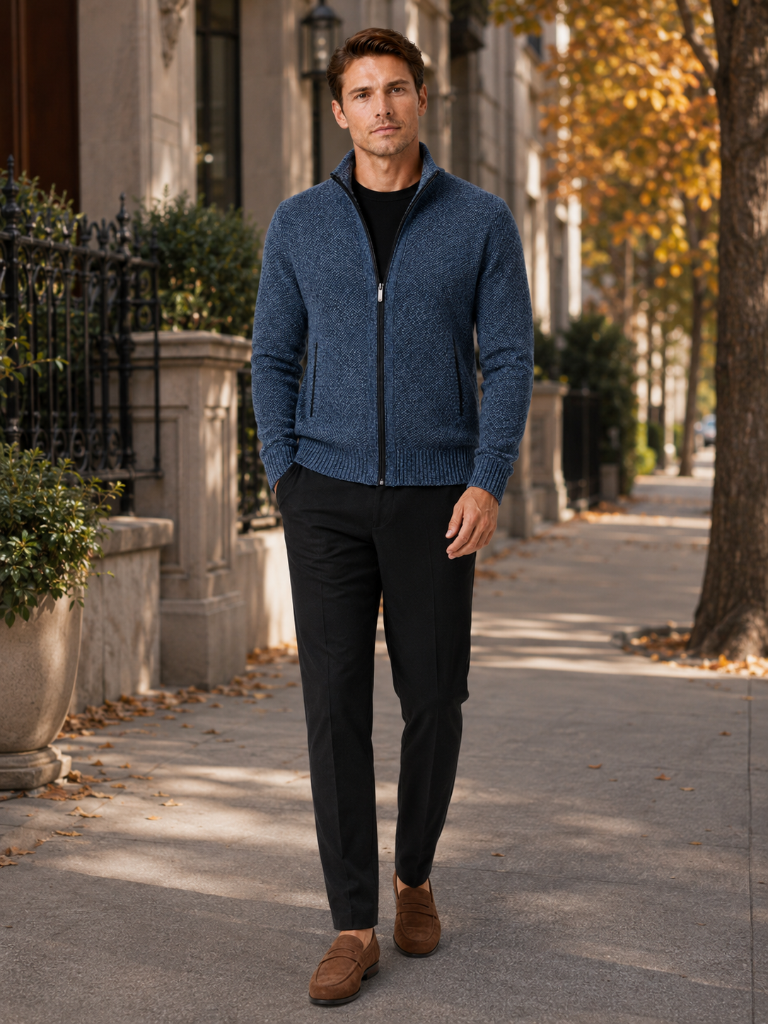 Men's fleece cardigan – Blue full view – Edward & Lawsen