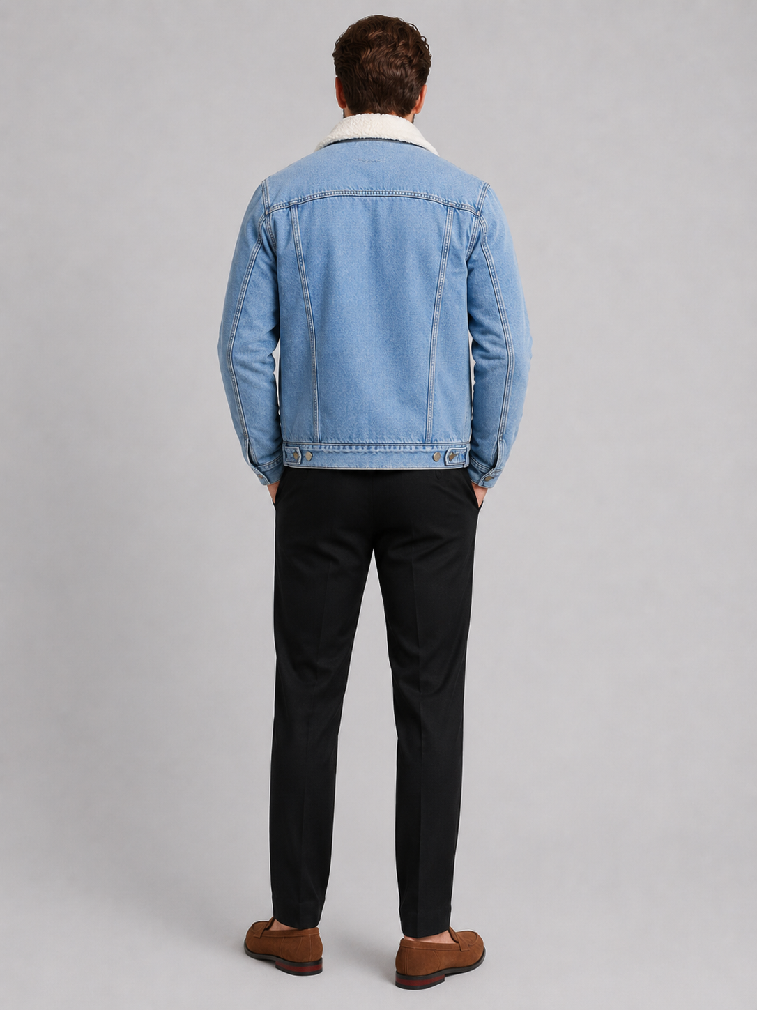 Men's fleece-lined denim jacket – Blue back view – Edward & Lawsen