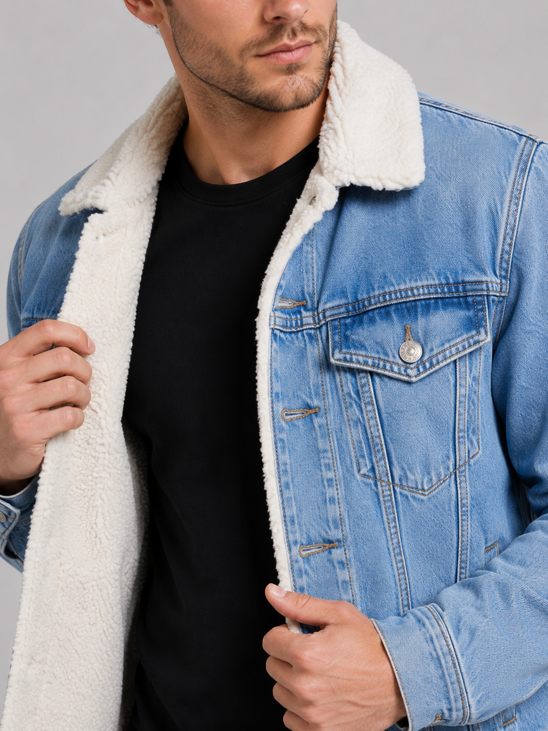 Men's fleece-lined denim jacket – Blue detail view – Edward & Lawsen