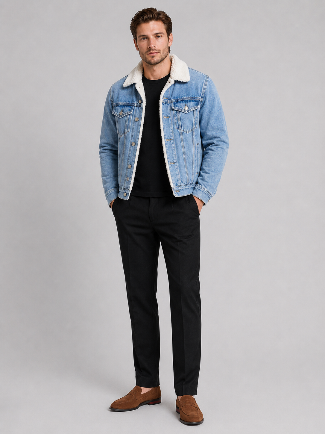 Men's fleece-lined denim jacket – Blue full view – Edward & Lawsen