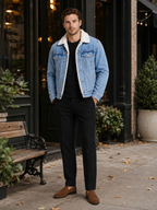 Men's fleece-lined denim jacket – Blue lifestyle view – Edward & Lawsen