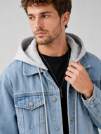 Men's hooded denim jacket – Blue detail view – Edward & Lawsen