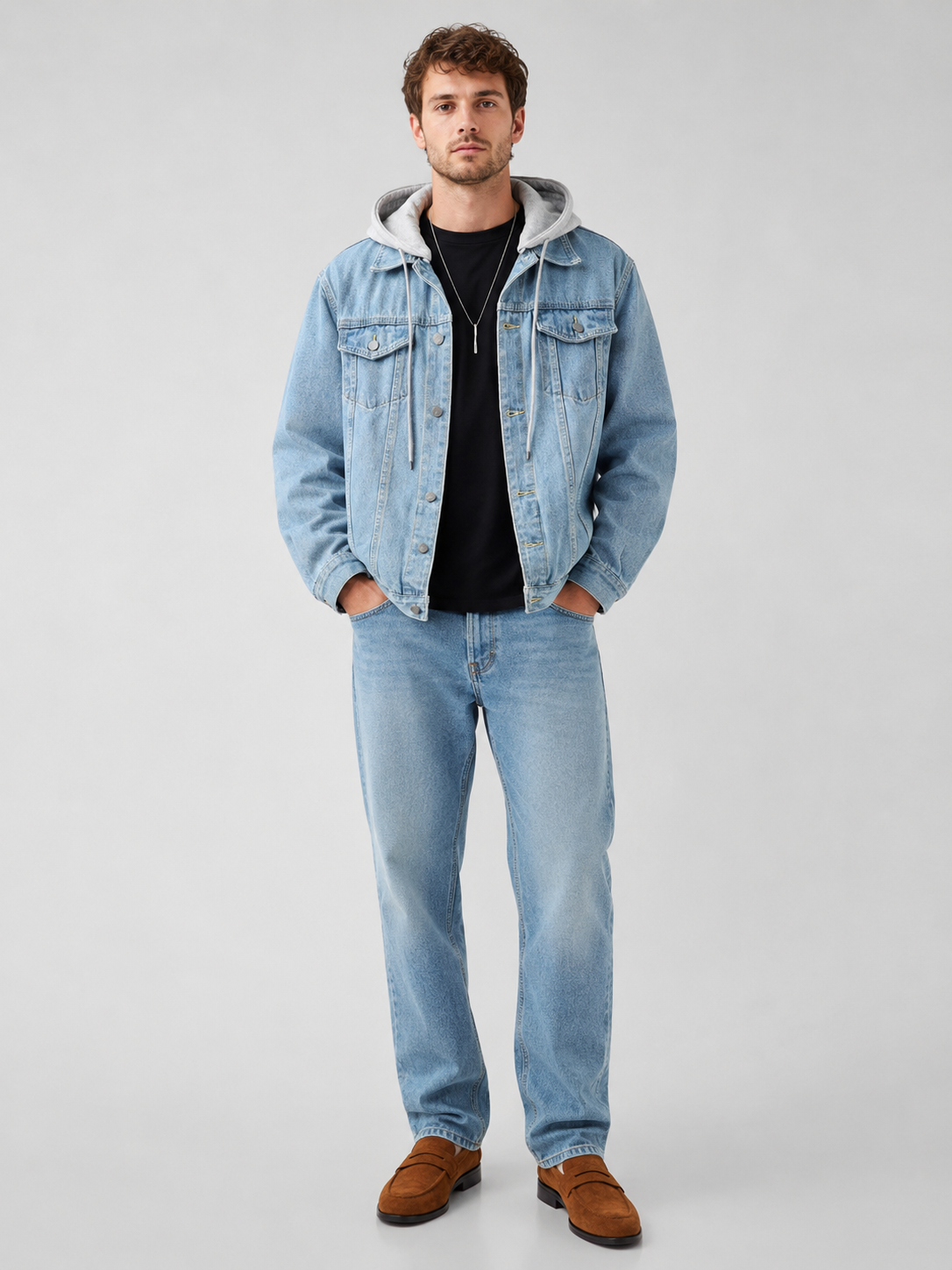 Men's hooded denim jacket – Blue full view – Edward & Lawsen