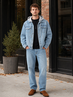 Men's hooded denim jacket – Blue lifestyle view – Edward & Lawsen