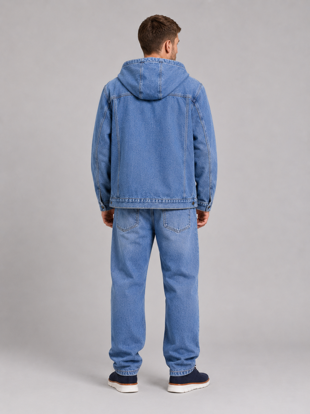 Men's hooded denim jacket – Blue back view – Edward & Lawsen