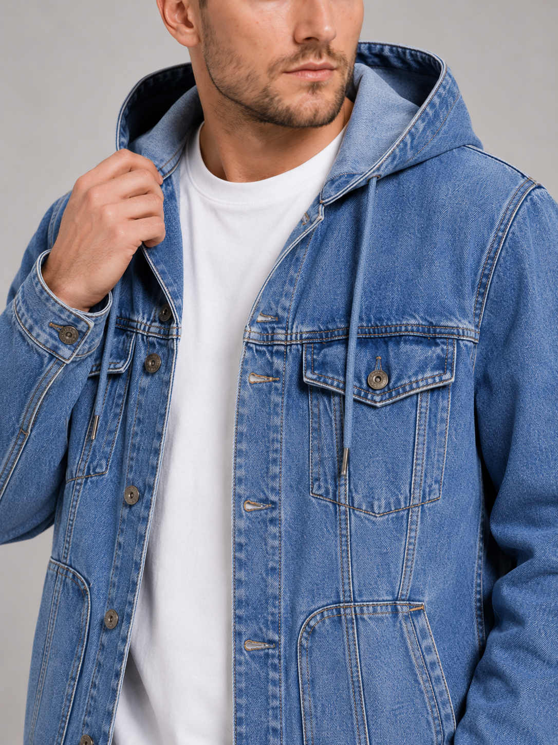 Men's hooded denim jacket – Blue detail view – Edward & Lawsen