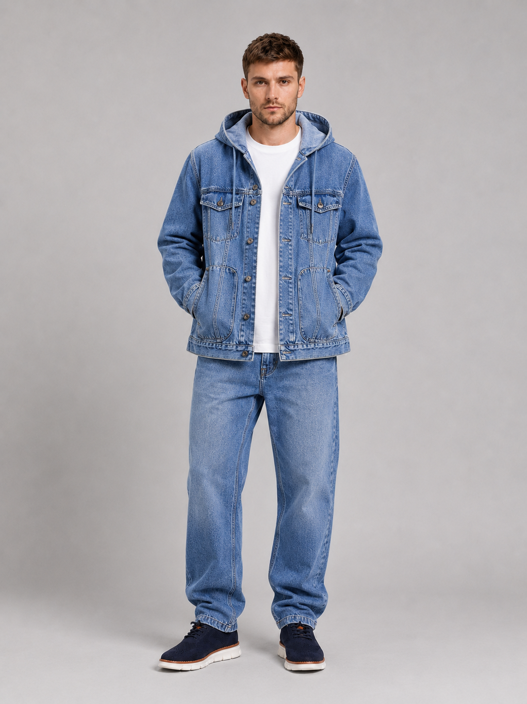 Men's hooded denim jacket – Blue full view – Edward & Lawsen