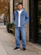 Men's hooded denim jacket – Blue lifestyle view – Edward & Lawsen