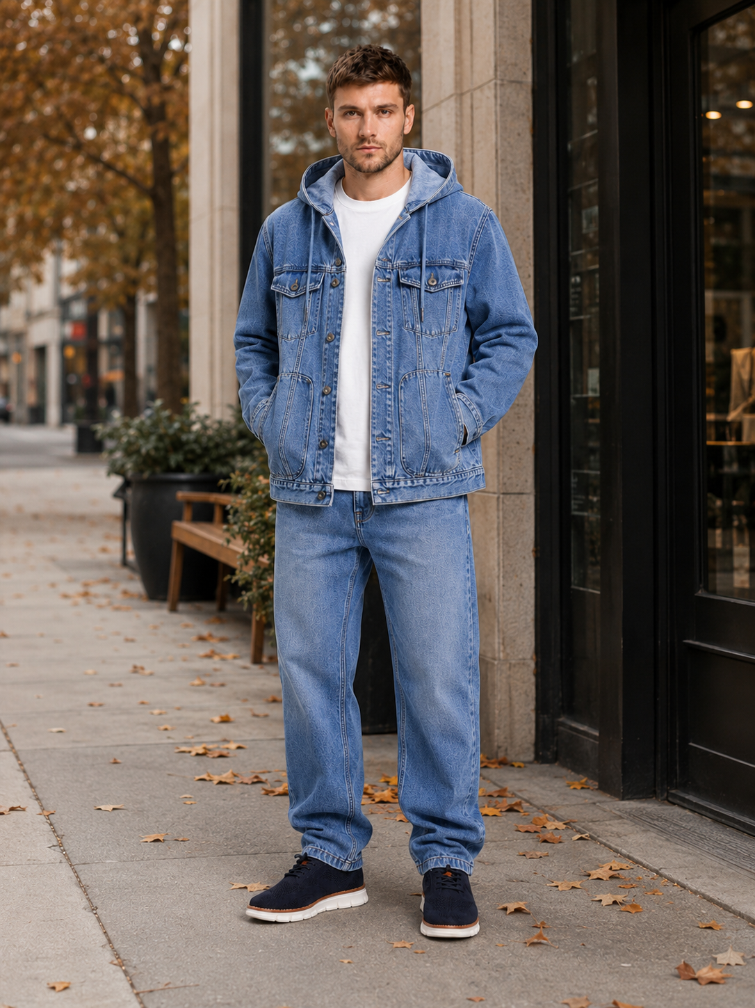 Men's hooded denim jacket – Blue lifestyle view – Edward & Lawsen