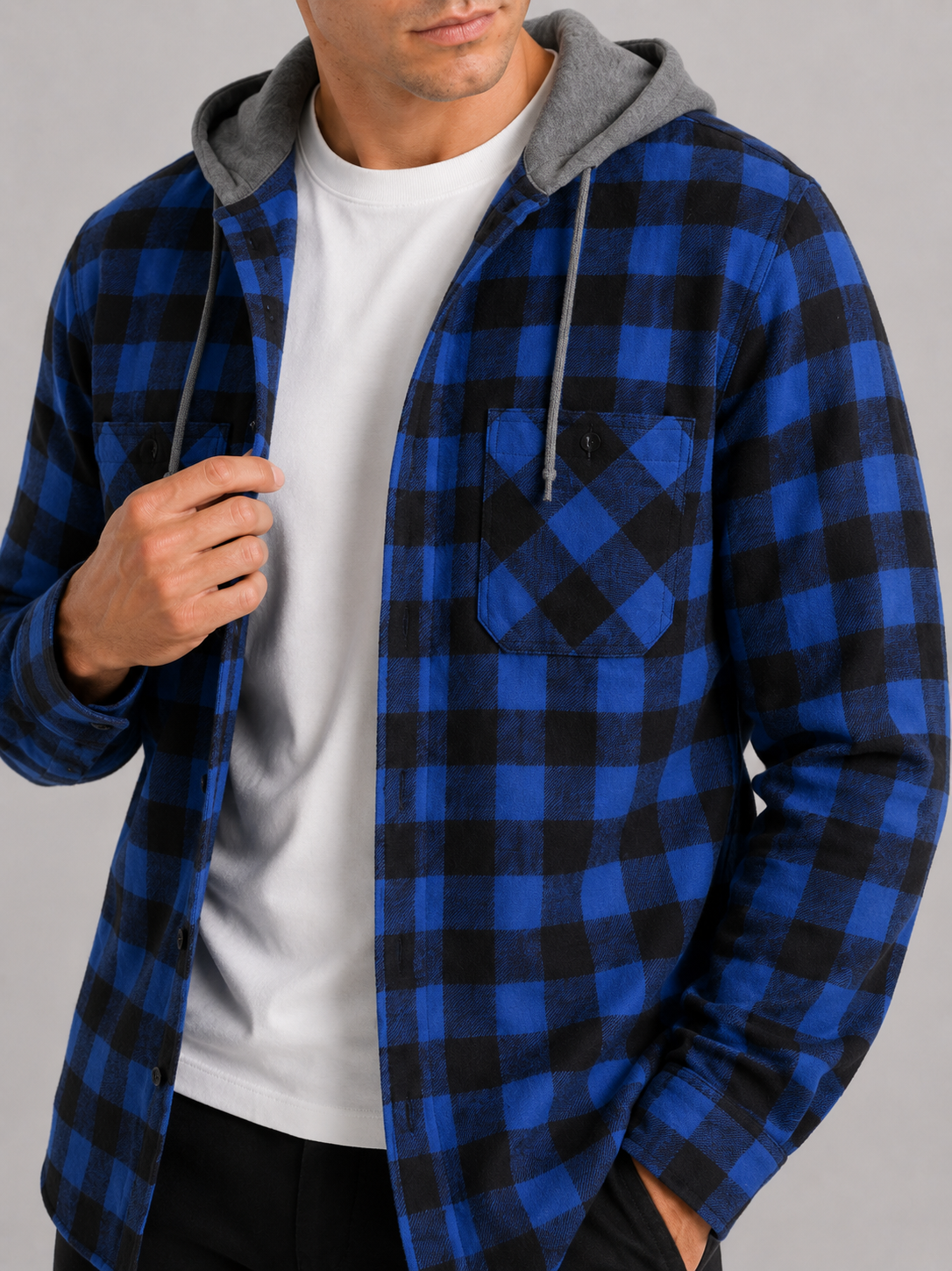 Men's plaid flannel jacket – Blue detail view – Edward & Lawsen