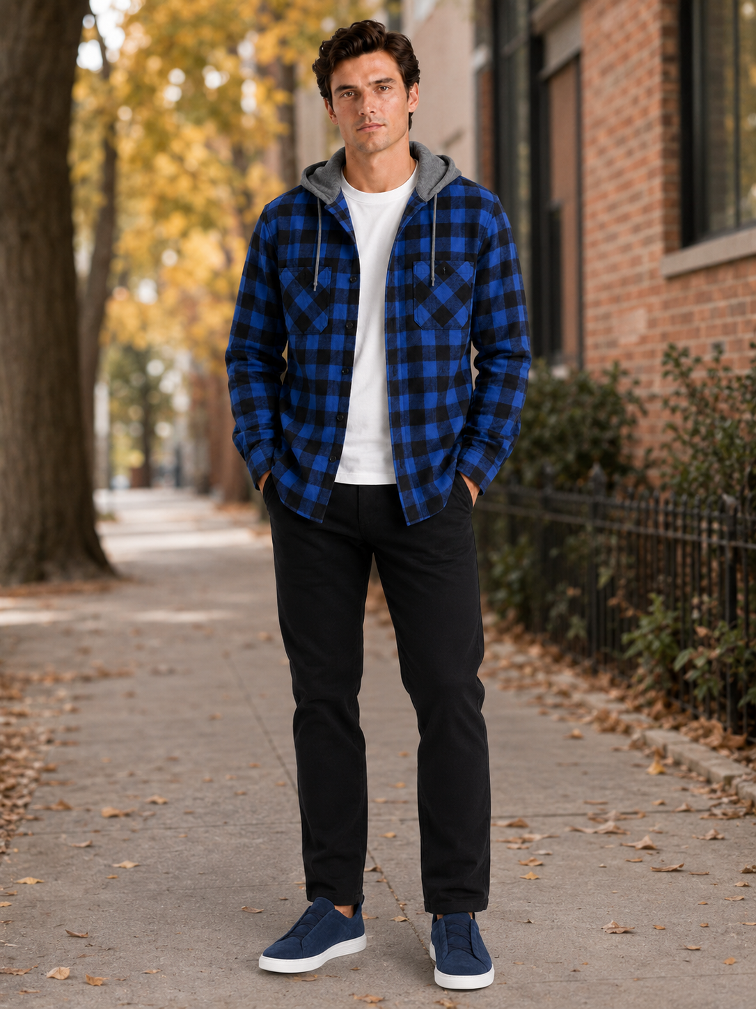 Men's plaid flannel jacket – Blue lifestyle view – Edward & Lawsen