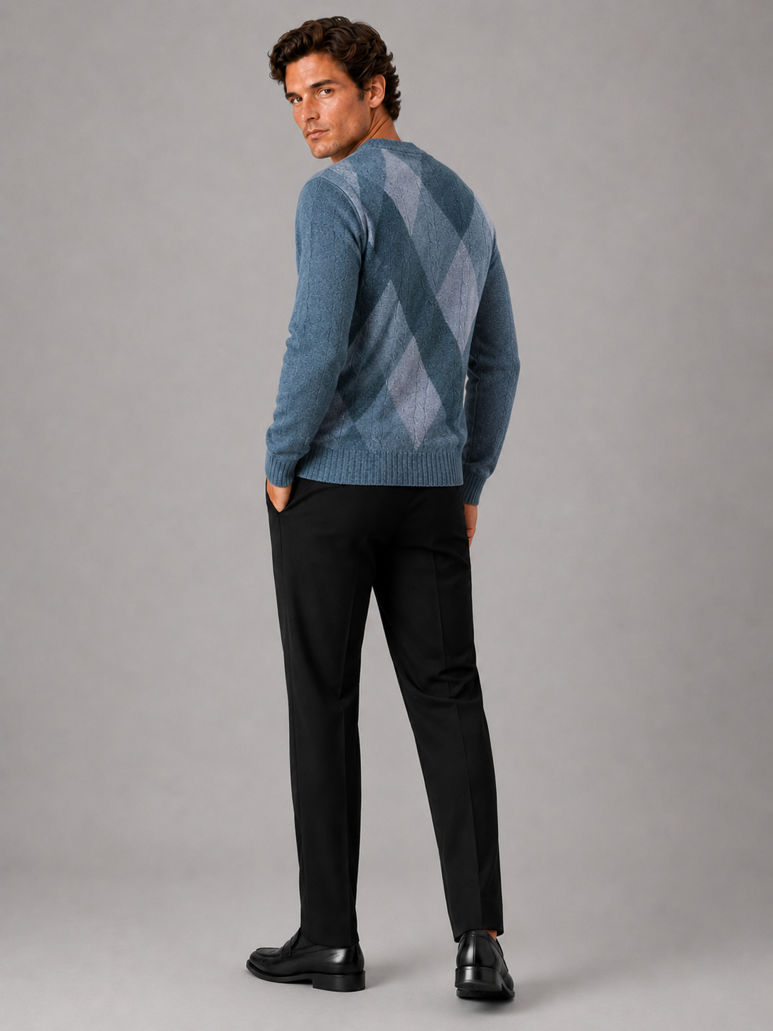 Men's plaid V-neck sweater – Blue back view – Edward & Lawsen