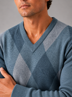 Men's plaid V-neck sweater – Blue detail view – Edward & Lawsen