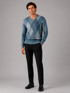 Men's plaid V-neck sweater – Blue full view – Edward & Lawsen