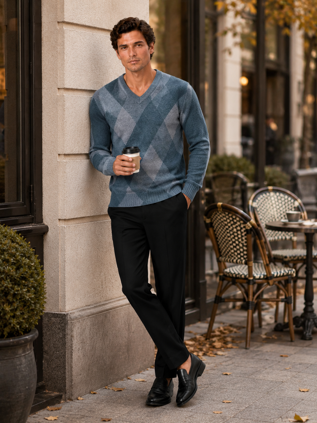 Men's plaid V-neck sweater – Blue lifestyle view – Edward & Lawsen