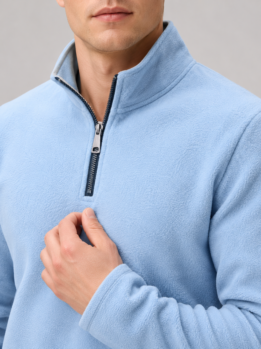 Men's fleece quarter-zip sweater – Blue detail view – Edward & Lawsen