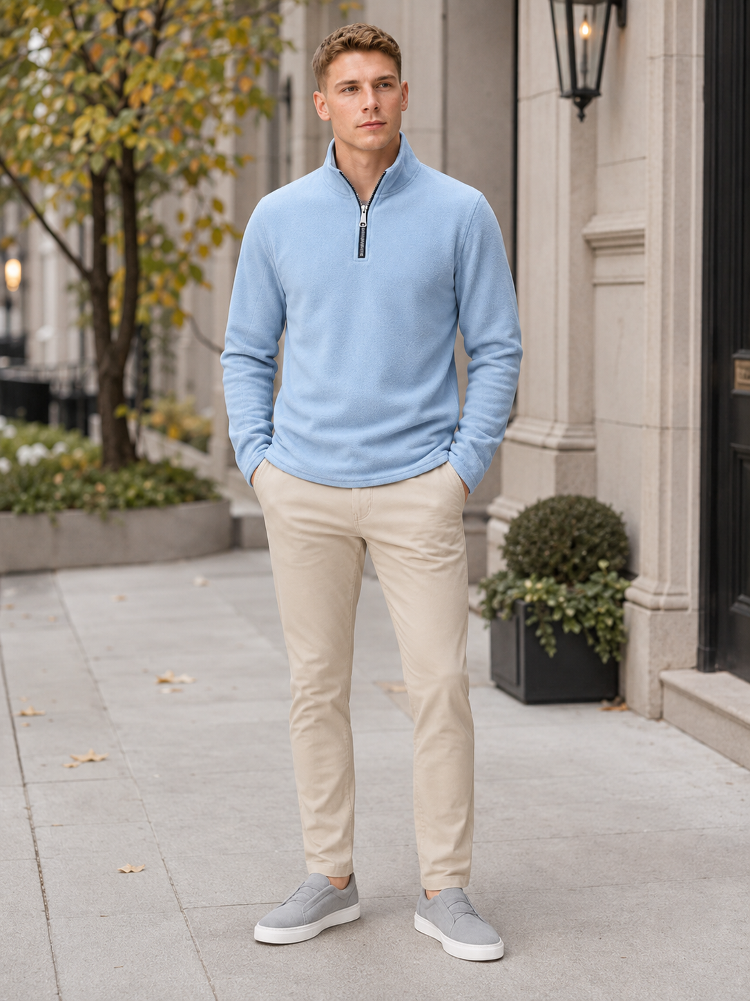Men's fleece quarter-zip sweater – Blue lifestyle view – Edward & Lawsen