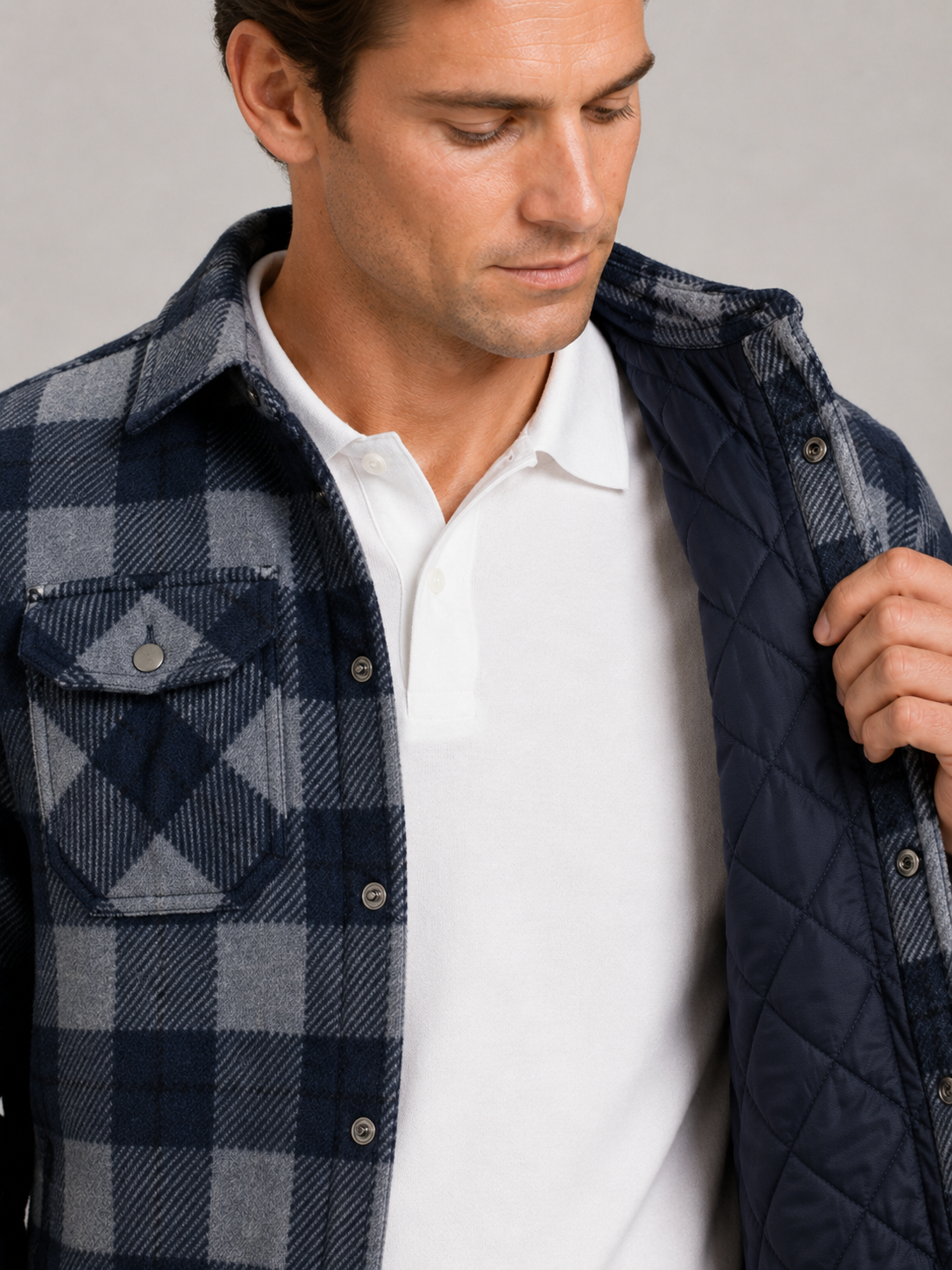 Men's quilted jacket – Blue detail view – Edward & Lawsen