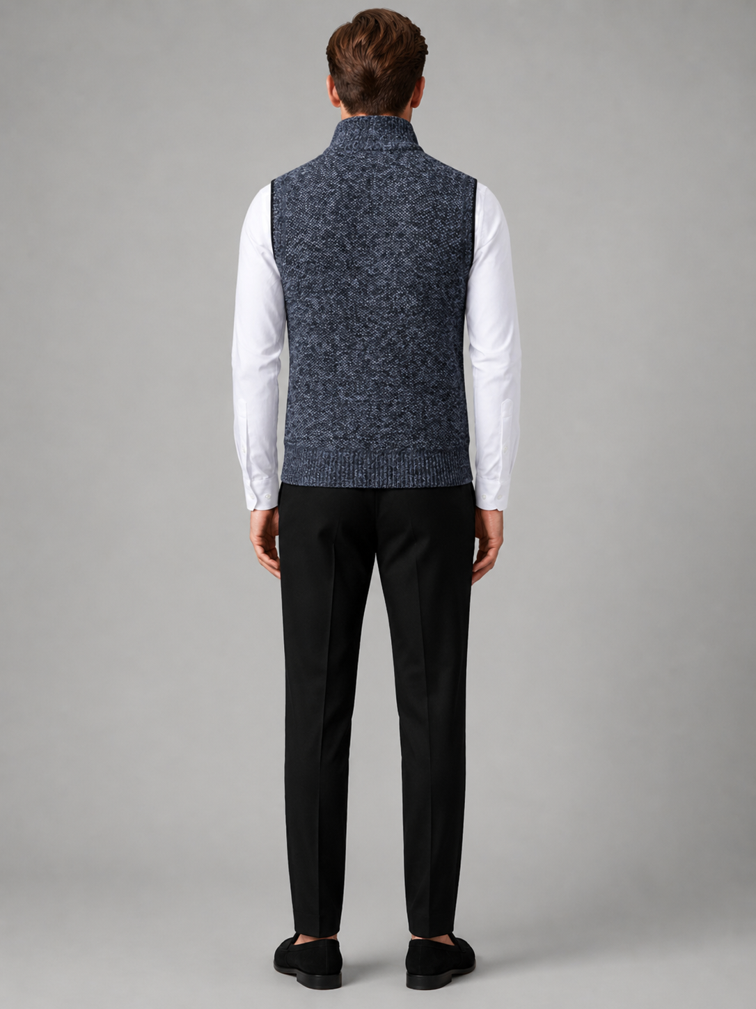 Men's full zip stand collar vest – Blue back view – Edward & Lawsen