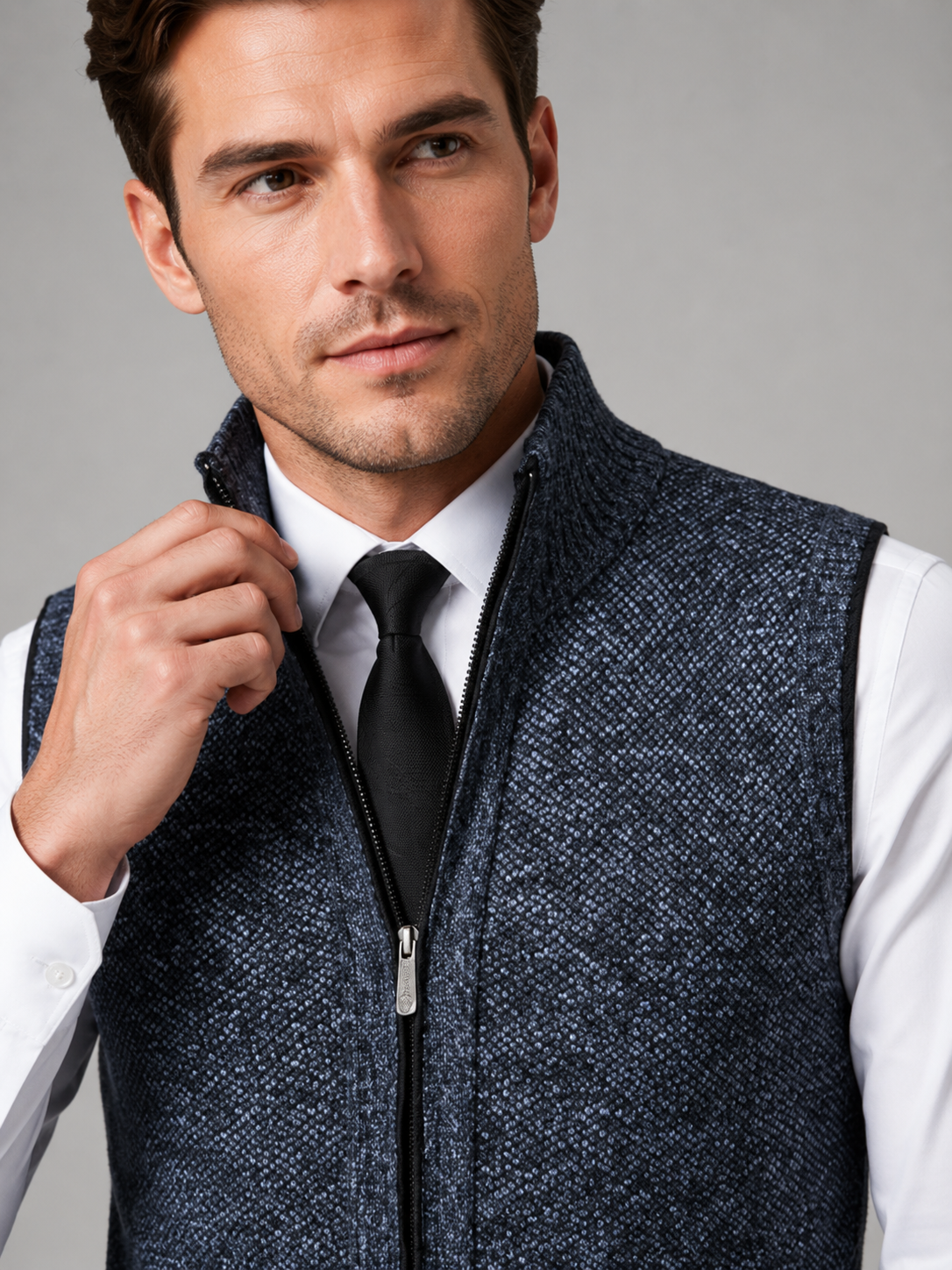 Men's full zip stand collar vest – Blue detail view – Edward & Lawsen