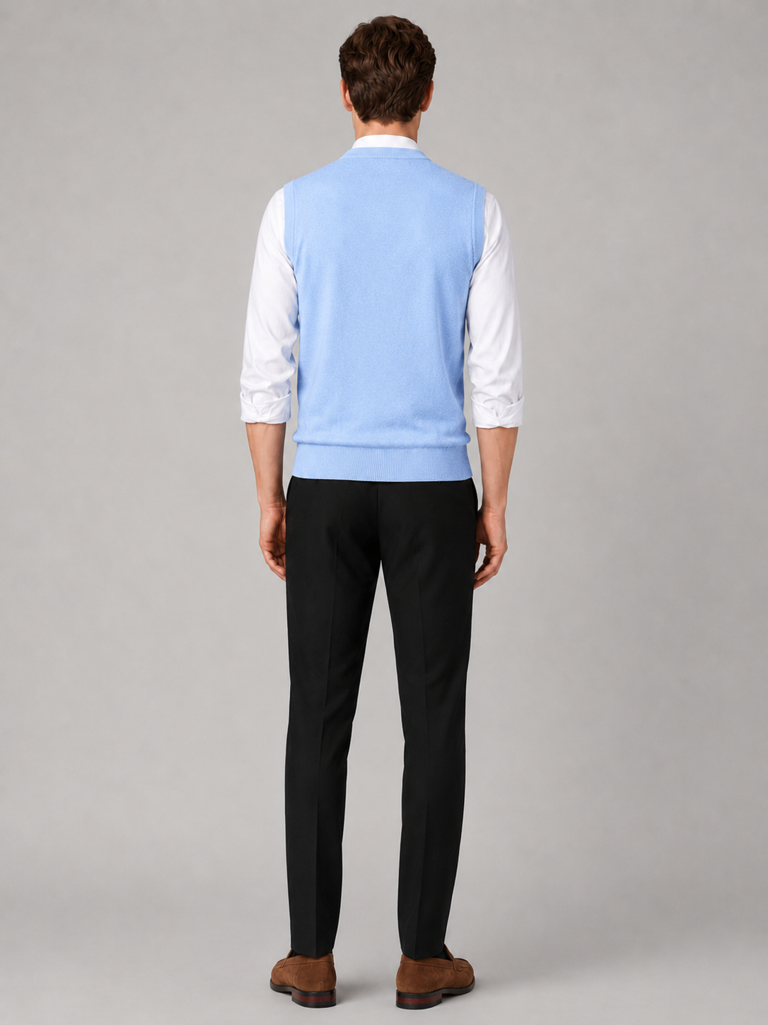 Men's solid color sweater vest – Blue back view – Edward & Lawsen
