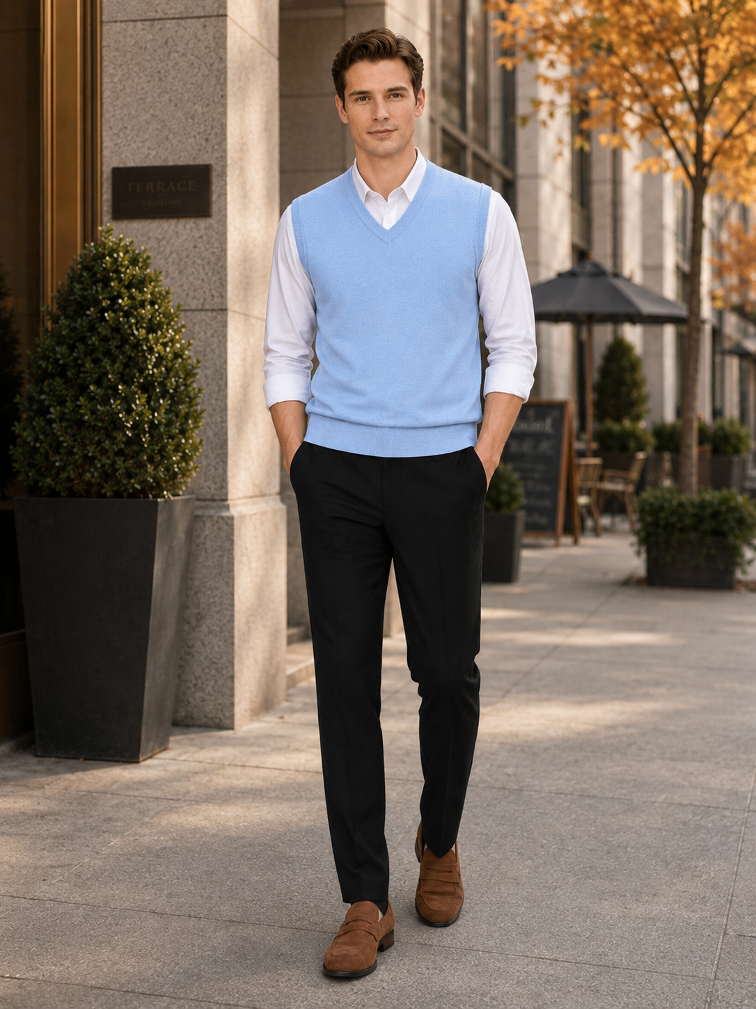 Men's solid color sweater vest – Blue lifestyle view – Edward & Lawsen