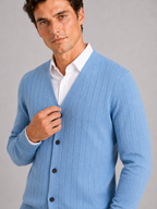 Men's V-neck cardigan – Blue detail view – Edward & Lawsen