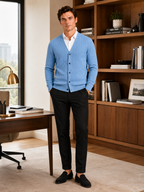 Men's V-neck cardigan – Blue lifestyle view – Edward & Lawsen
