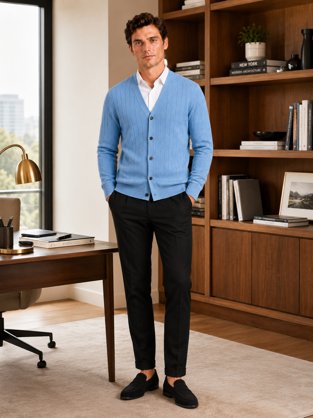 Men's V-neck cardigan – Blue lifestyle view – Edward & Lawsen