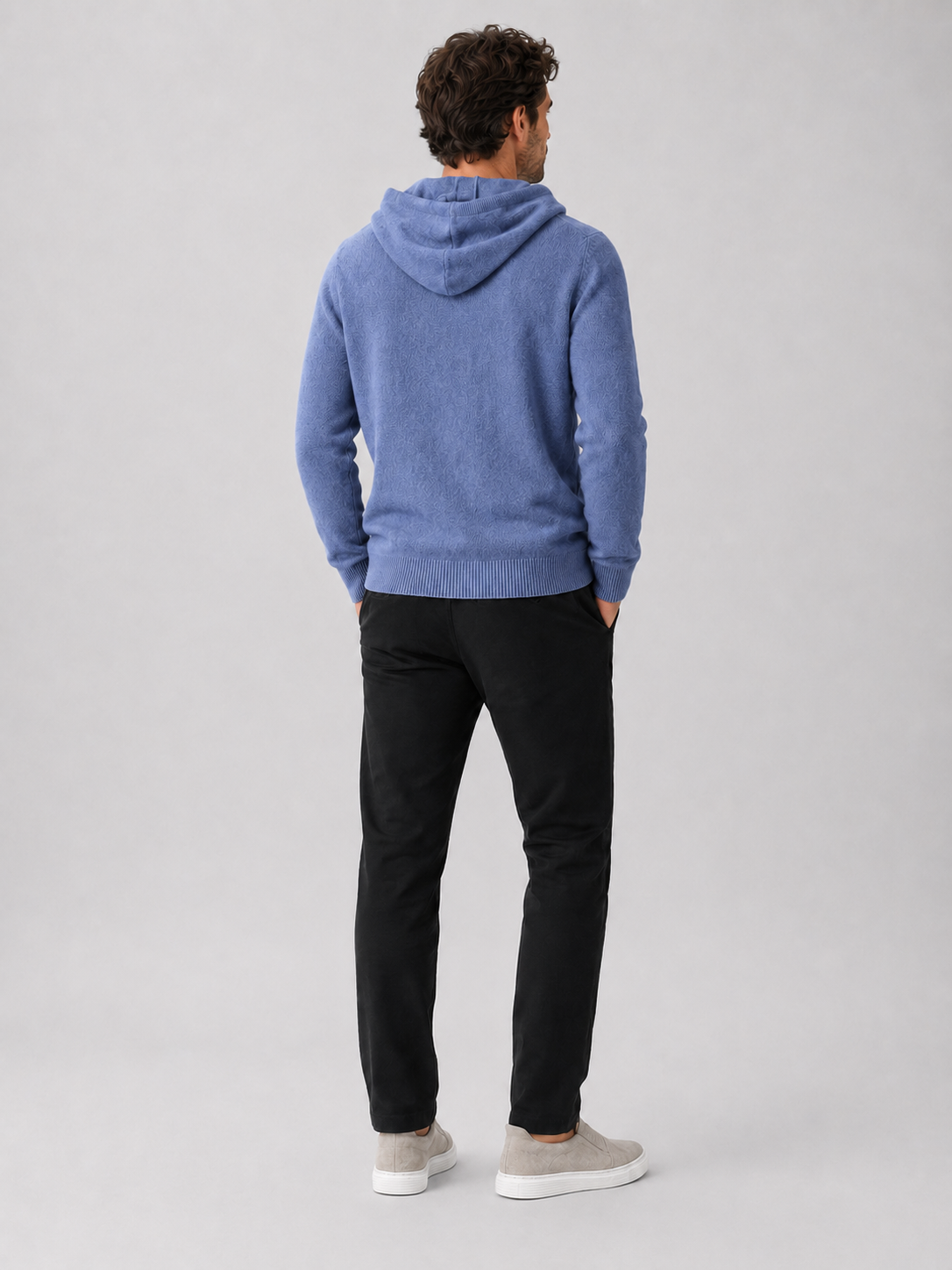 Men's wool hoodie sweater – Blue back view – Edward & Lawsen