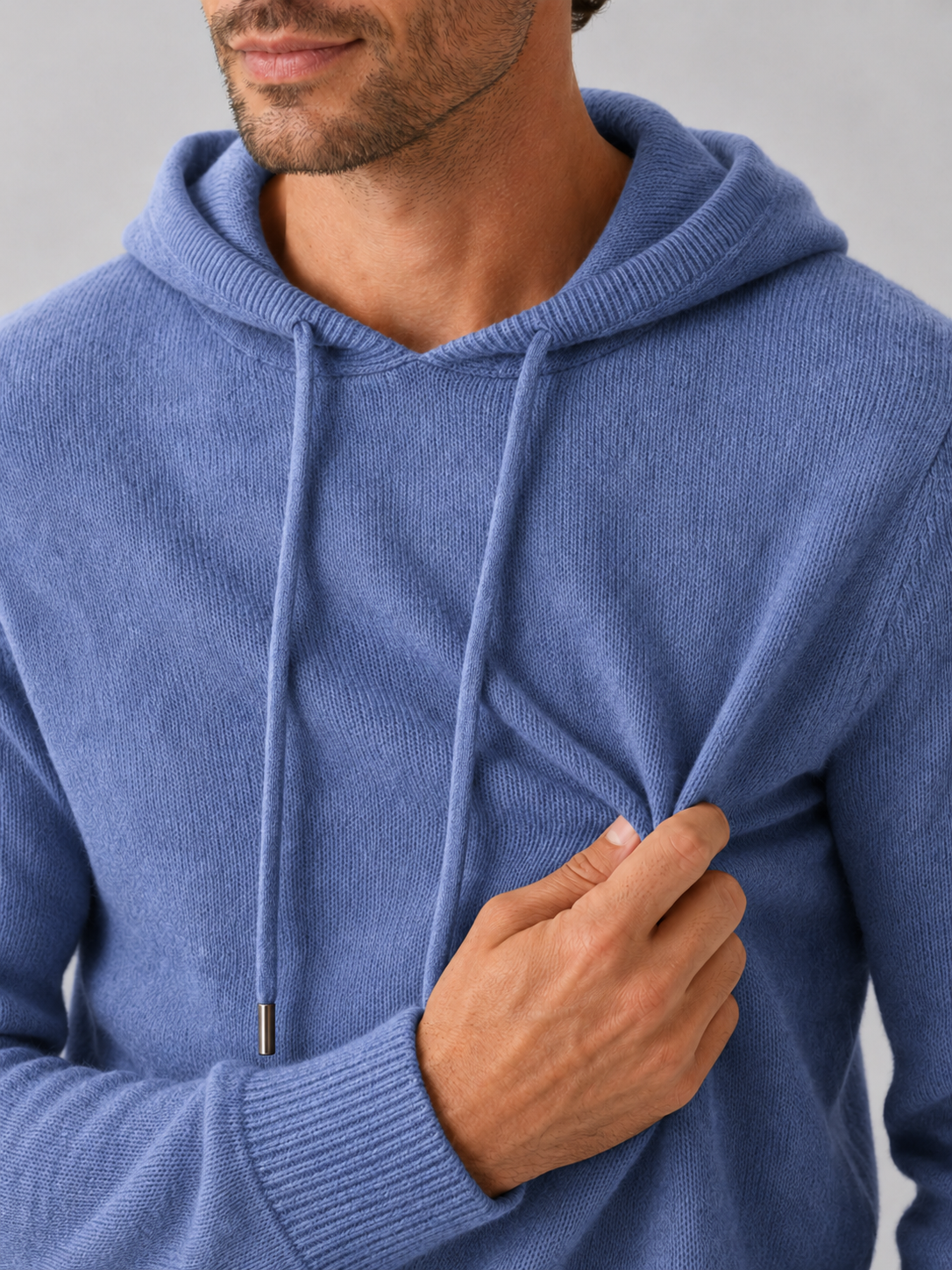 Men's wool hoodie sweater – Blue detail view – Edward & Lawsen