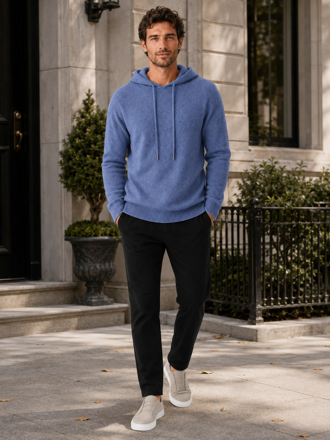 Men's wool hoodie sweater – Blue lifestyle view – Edward & Lawsen