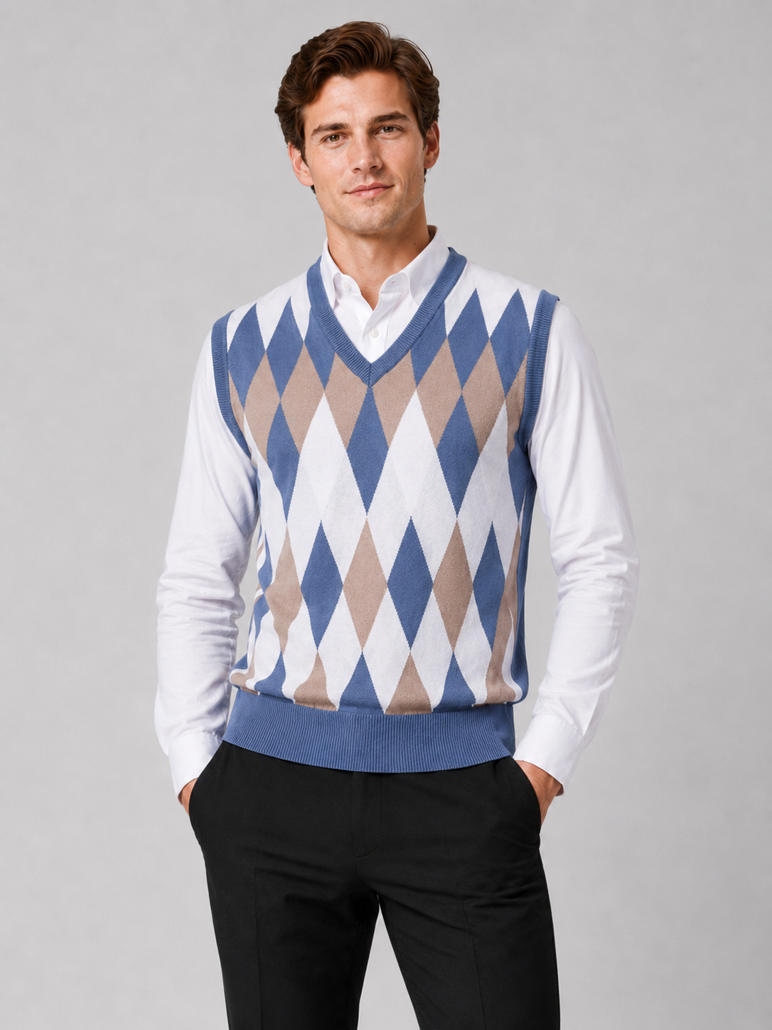 Men's argyle sweater vest – Blue front view