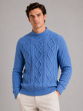 Men's jacquard cable knit mock neck sweater – Blue front view – Edward & Lawsen