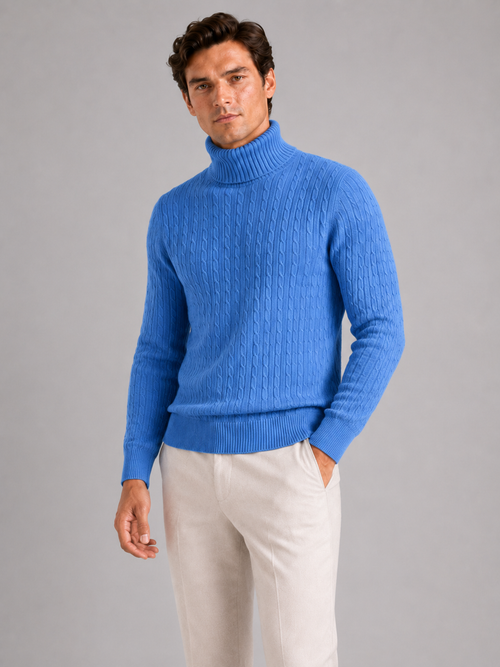 Men's cable knit turtleneck sweater – Blue front view – Edward & Lawsen