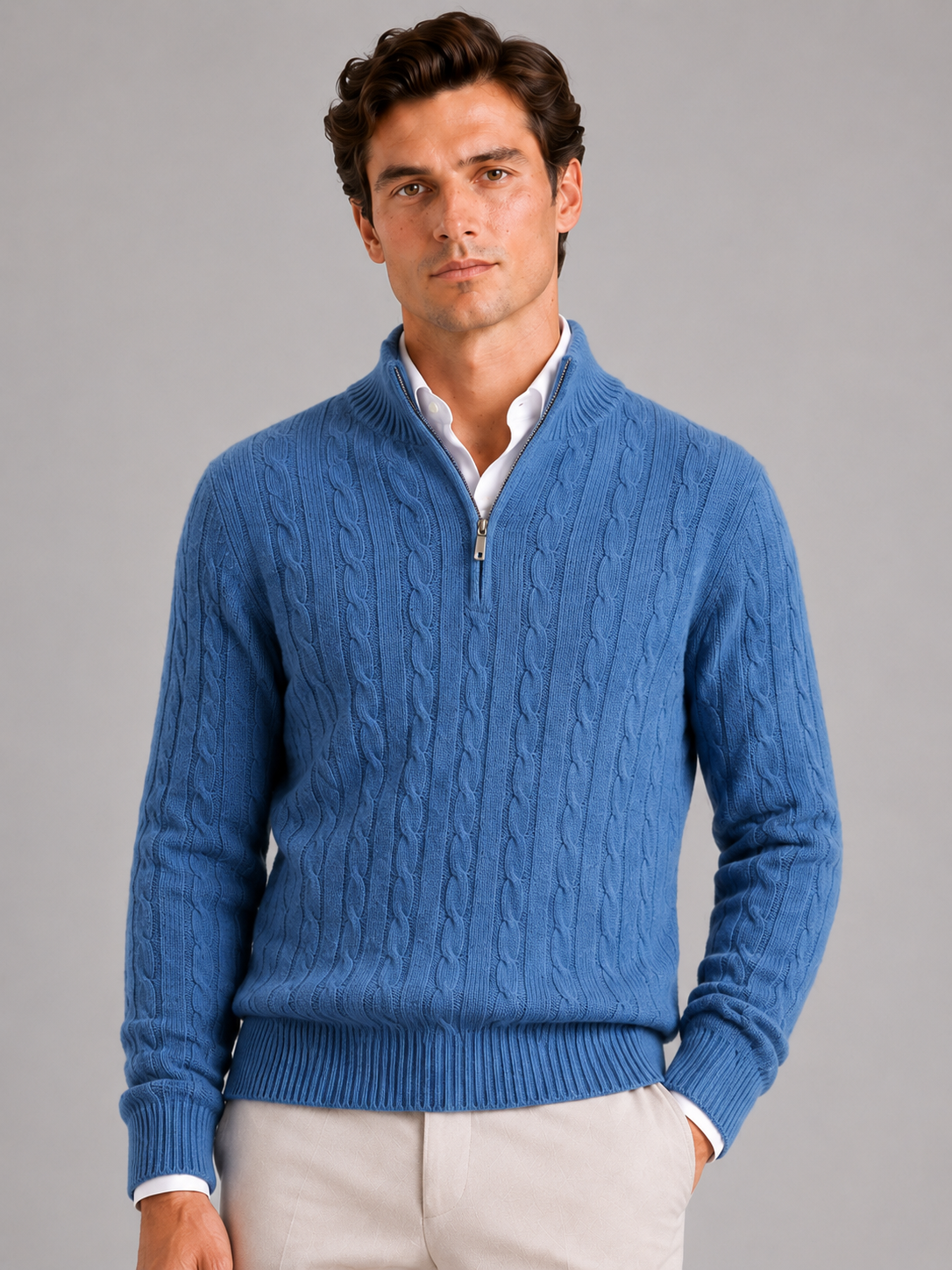 Men's cashmere quarter-zip mock neck sweater – Blue front view – Edward & Lawsen