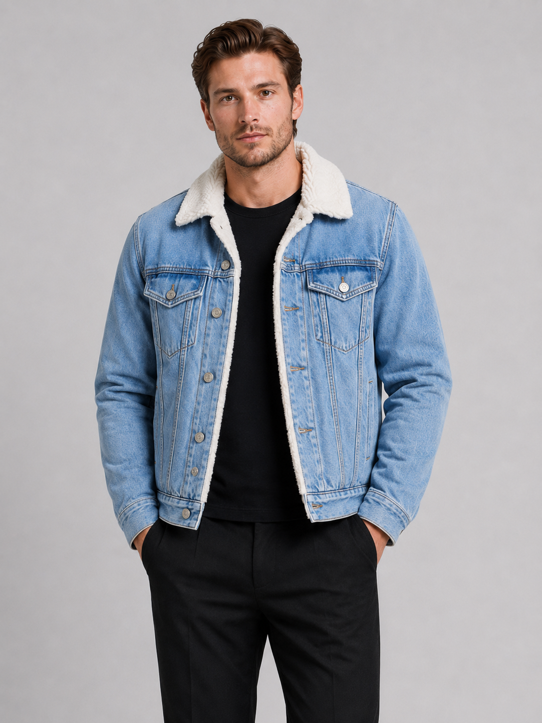 Men's fleece-lined denim jacket – Blue front view – Edward & Lawsen