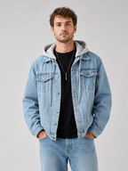 Men's hooded denim jacket – Blue front view – Edward & Lawsen
