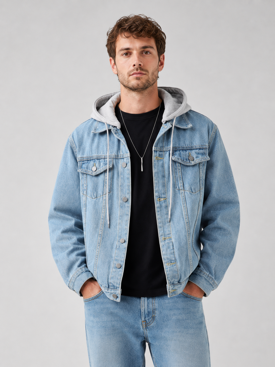 Men's hooded denim jacket – Blue front view – Edward & Lawsen
