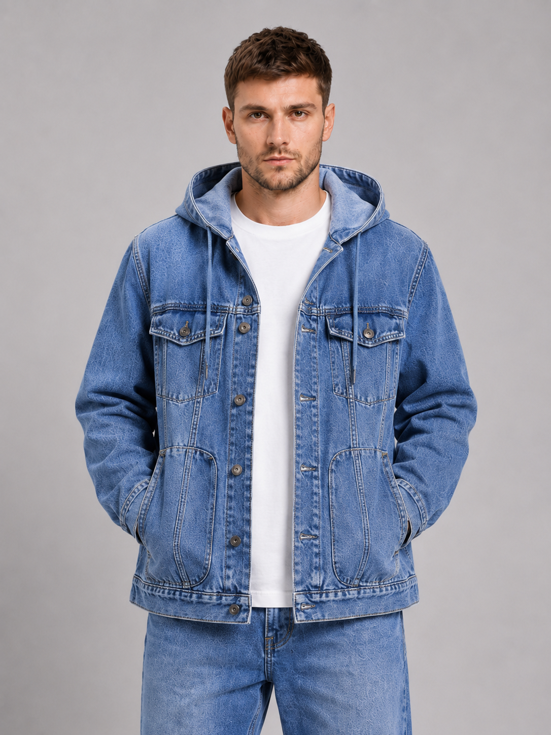 Men's hooded denim jacket – Blue front view – Edward & Lawsen